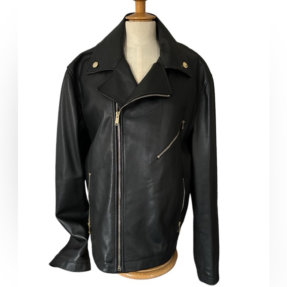 NWT Versace Blouson leather biker jacket sz IT 58 black gold medusa buttons - Picture 1 of 16